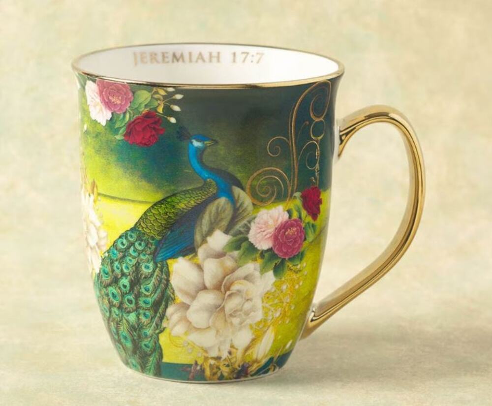 Christian Art Gifts Blessed Peacock Mug Jeremiah 17:7 14 oz NIB